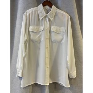 VTG‎ SELLECCA SHIRT WOMENS SZ 14 FAUX PEARL EMBELLISHED COLLAR CUFFS BUTTON UP